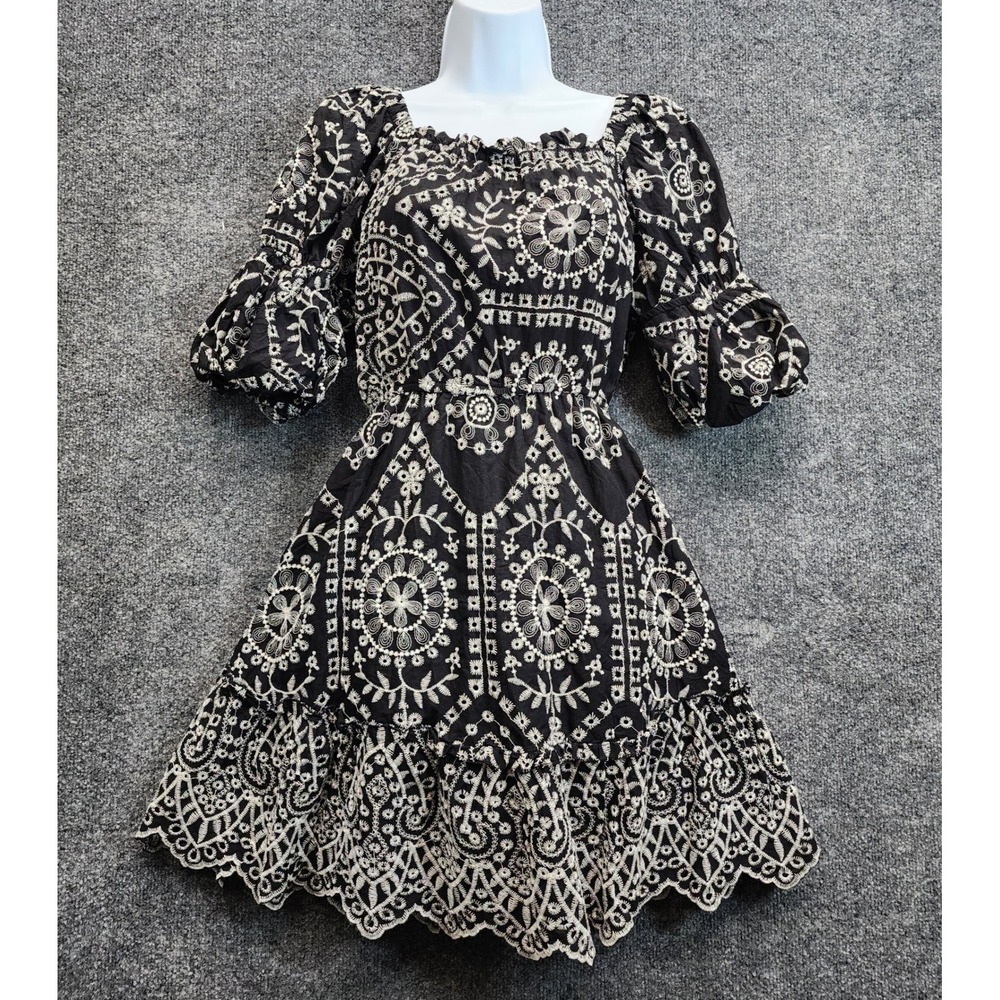 Hayden Los Angeles Women's Embroidered Eyelet Boho Smocked Puff Sleeve Dress S